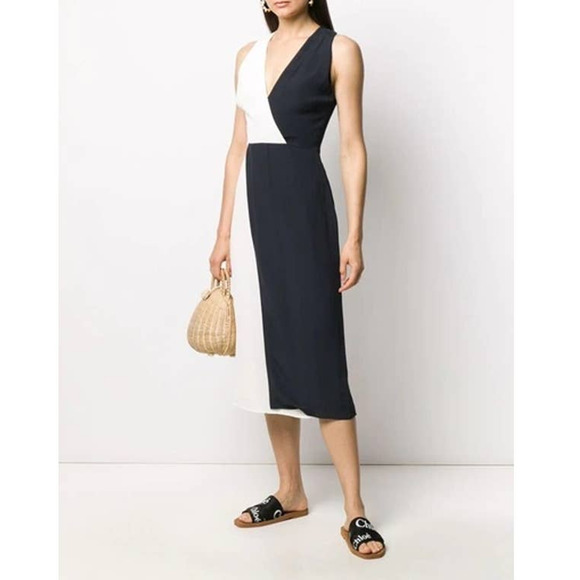 Equipment Galane Midi Dress Black White Colorblock Sleeveless V-Neck Sz 2 - Picture 3 of 13